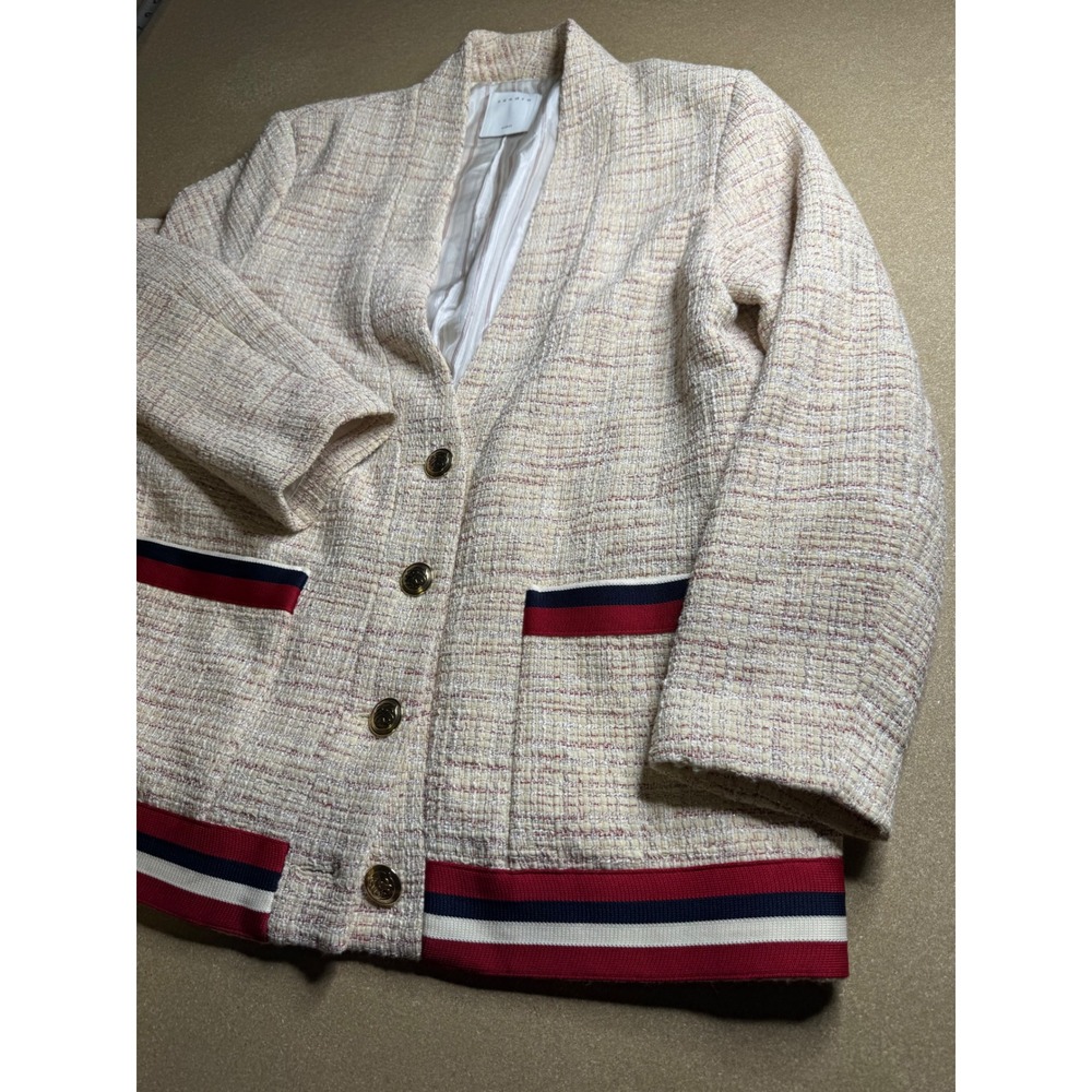Sandro Paris Women Cream Tweed Striped Trim Button Front Cardigan Jacket Size 40
